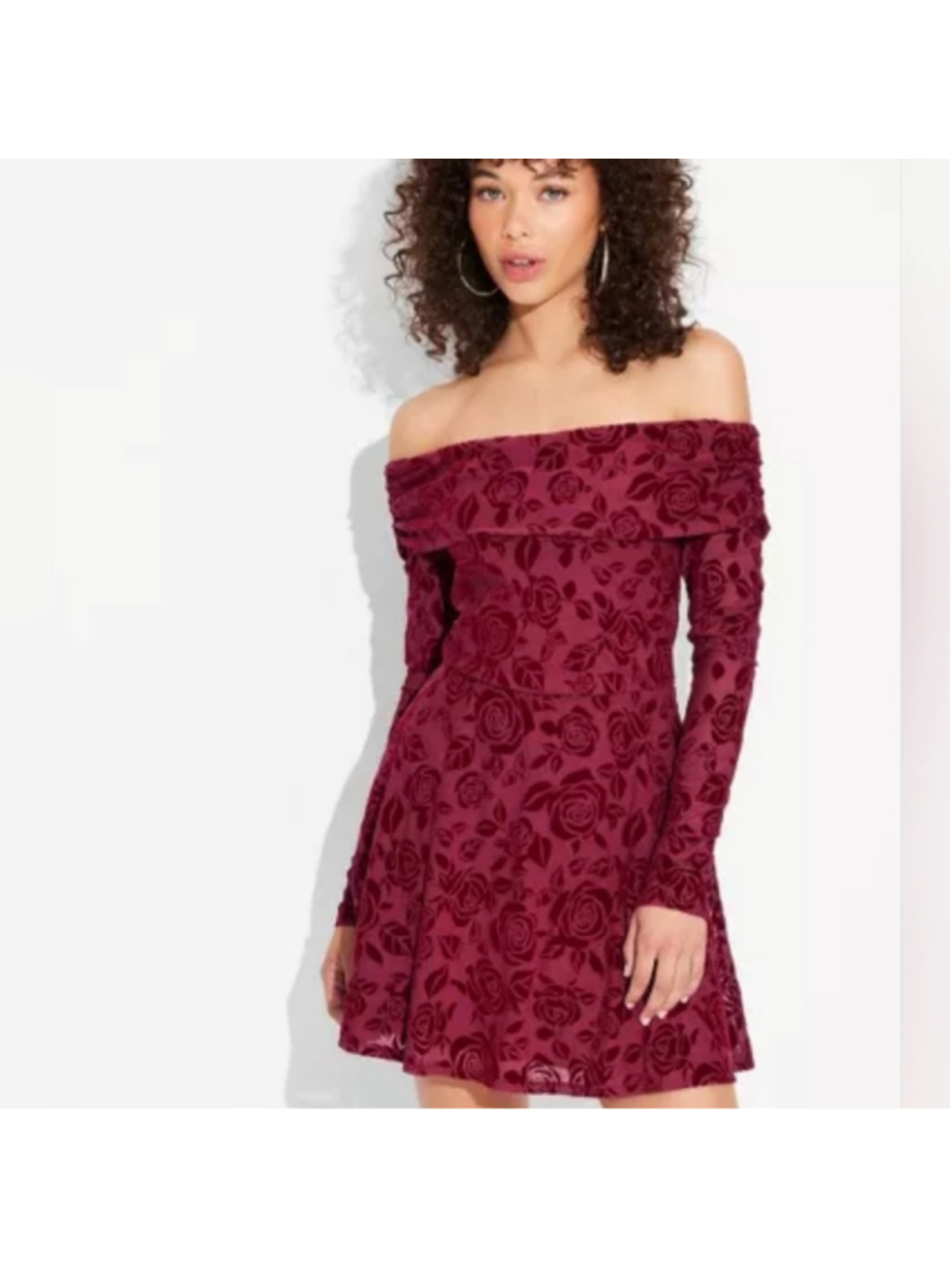 Wild Fable off shoulder Long Sleeve Flocked Mini Fit and Flare Holiday Dress